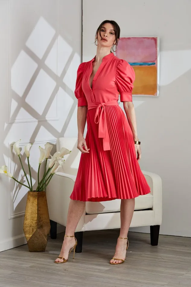 Elie Tahari Dresses and Jumpsuits Pleated Ruched Sleeve Dress Wild Strawberry 8211 Women