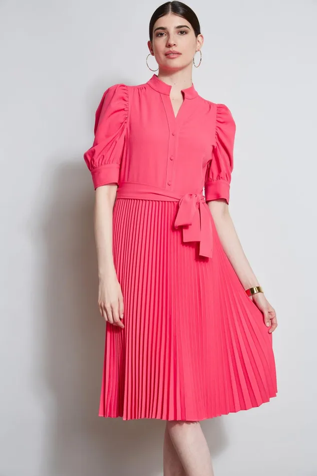 Elie Tahari Dresses and Jumpsuits Pleated Ruched Sleeve Dress Wild Strawberry 8211 Women