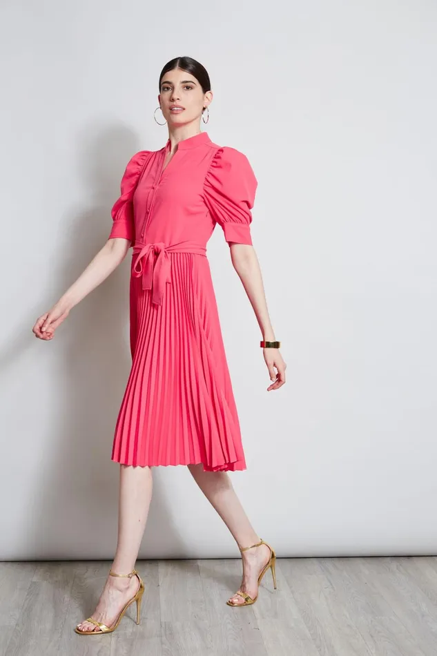 Elie Tahari Dresses and Jumpsuits Pleated Ruched Sleeve Dress Wild Strawberry 8211 Women