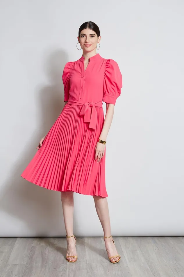 Elie Tahari Dresses and Jumpsuits Pleated Ruched Sleeve Dress Wild Strawberry 8211 Women