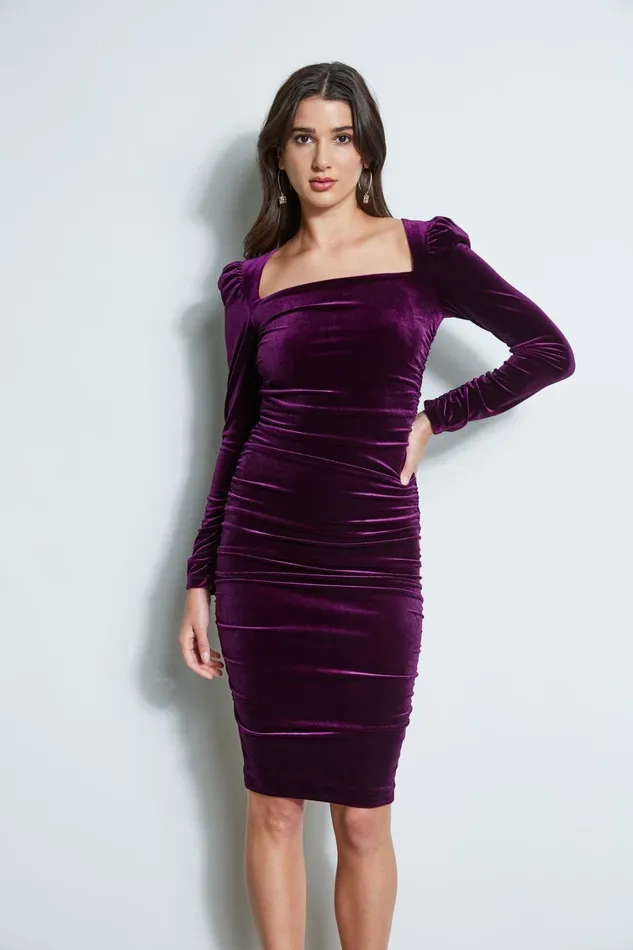 Elie Tahari Dresses and Jumpsuits Ruched Velvet Square Neck Dress Plum 8211 Women