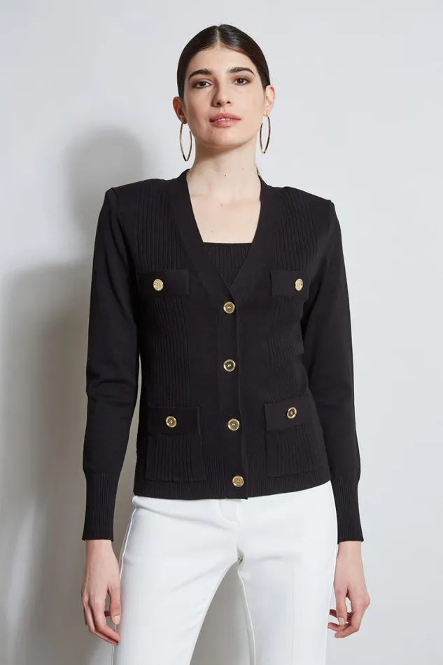 Elie Tahari Knits and Sweaters Rib Button Sweater Black 8211 Women