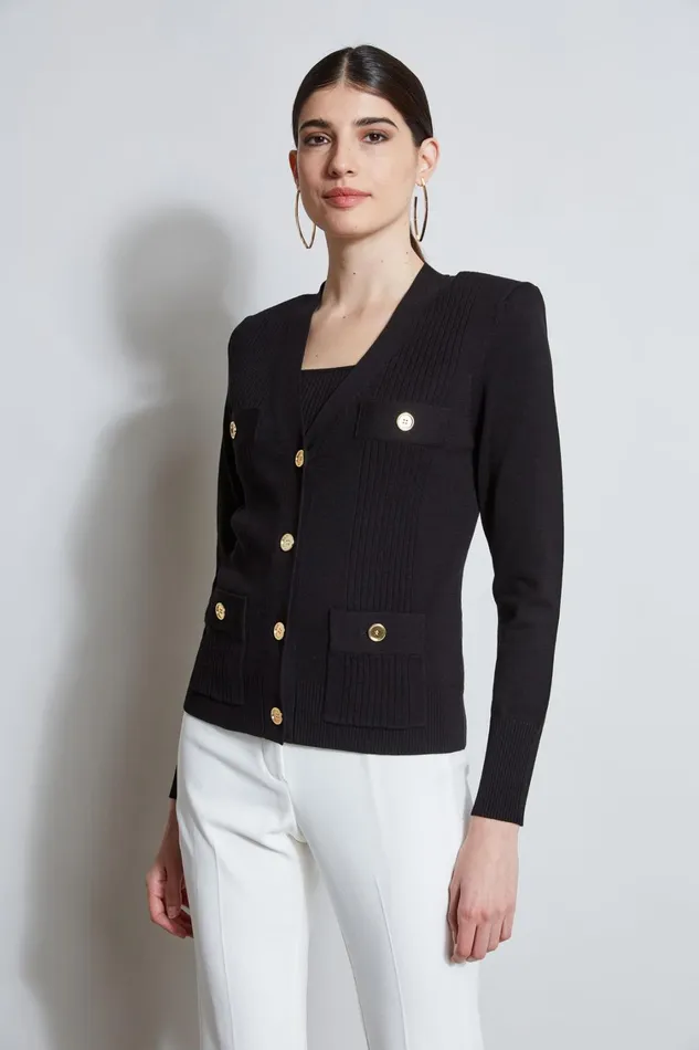 Elie Tahari Knits and Sweaters Rib Button Sweater Black 8211 Women