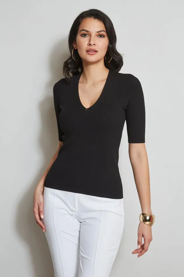Elie Tahari Knits and Sweaters Short Sleeve VNeck Rib Sweater Noir 8211 Women