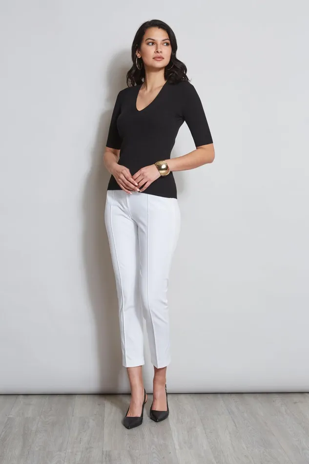 Elie Tahari Knits and Sweaters Short Sleeve VNeck Rib Sweater Noir 8211 Women
