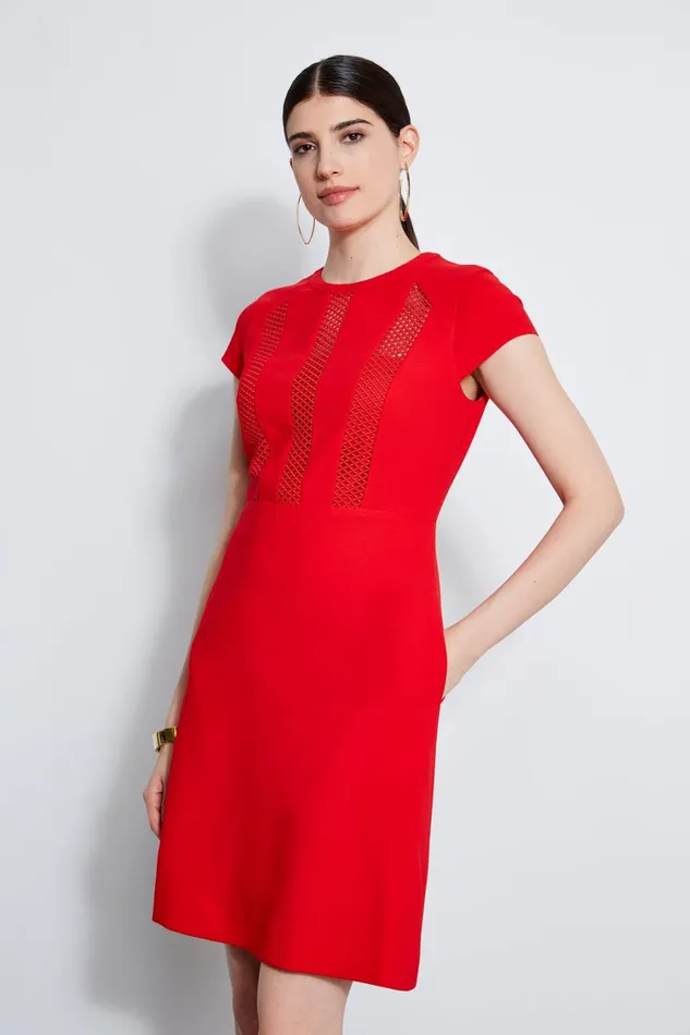 Elie Tahari Short Sleeve Dresses Geo Lace Inset Dress Berry 8211 Women