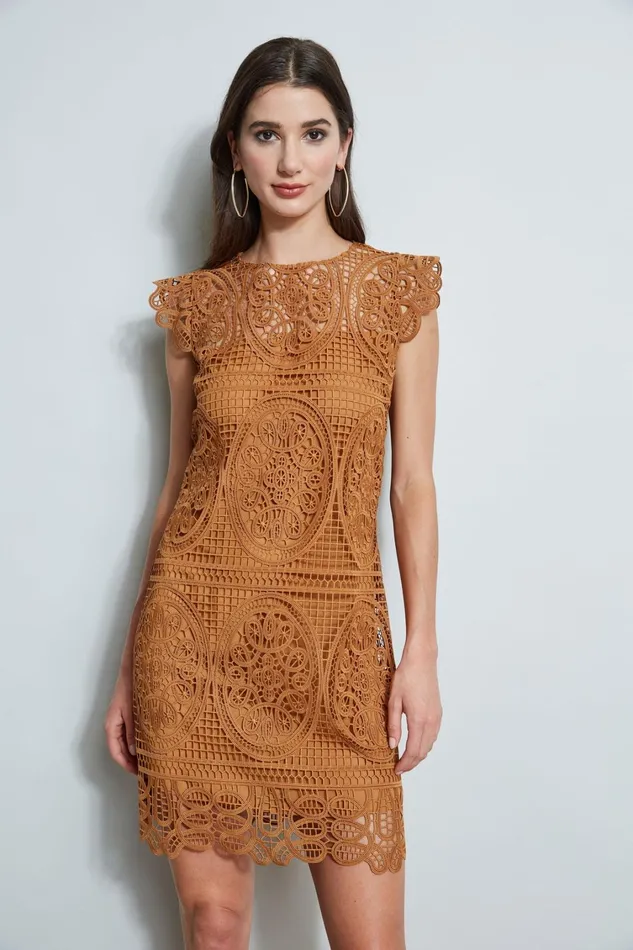 Elie Tahari Short Sleeve Dresses Lace Flutter Sleeve Dress Caramel 8211 Women