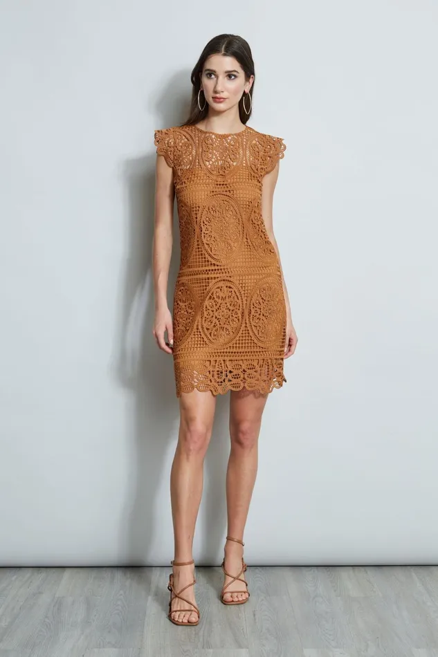 Elie Tahari Short Sleeve Dresses Lace Flutter Sleeve Dress Caramel 8211 Women