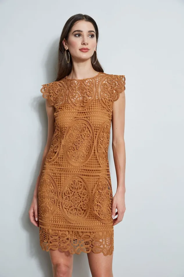 Elie Tahari Short Sleeve Dresses Lace Flutter Sleeve Dress Caramel 8211 Women