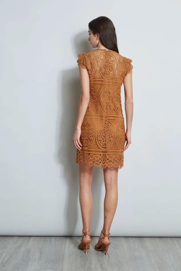 Elie Tahari Short Sleeve Dresses Lace Flutter Sleeve Dress Caramel 8211 Women