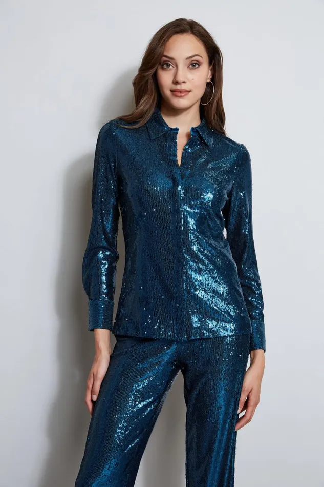 Elie Tahari Tops Sequin Button Down Shirt Teal 8211 Women