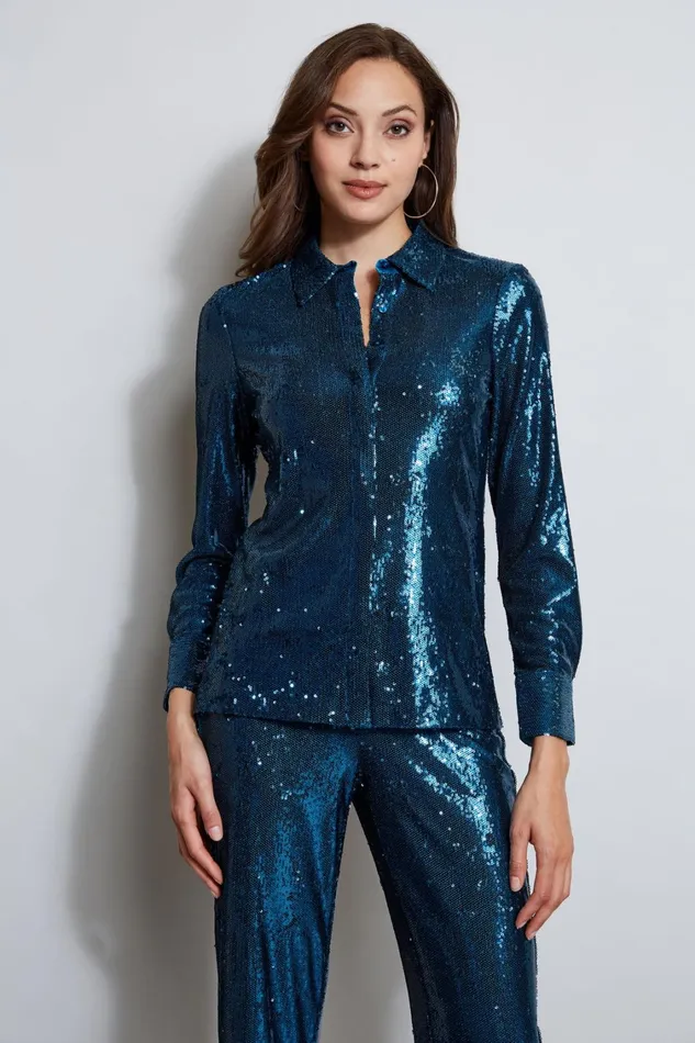 Elie Tahari Tops Sequin Button Down Shirt Teal 8211 Women