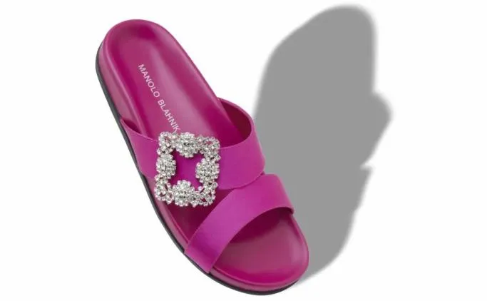 Flats Women Manolo Blahnik CHILANGHIFuchsia Satin Jewel Buckle Flat Mules