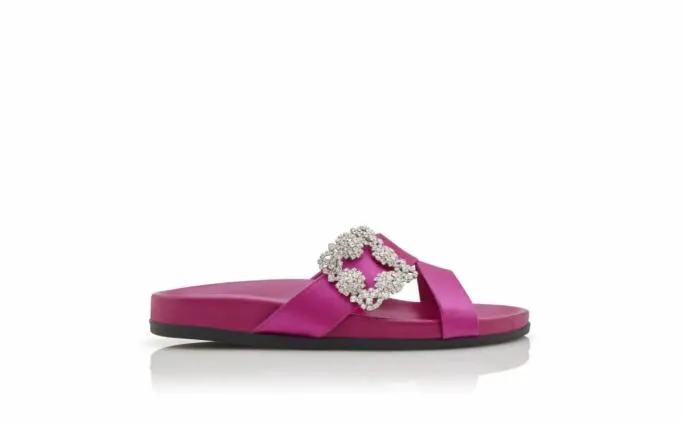 Flats Women Manolo Blahnik CHILANGHIFuchsia Satin Jewel Buckle Flat Mules
