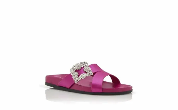 Flats Women Manolo Blahnik CHILANGHIFuchsia Satin Jewel Buckle Flat Mules