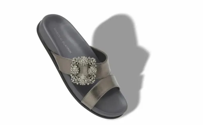 Flats Women Manolo Blahnik CHILANGHIGraphite Nappa Leather Jewel Buckle Flat Mules Flats Women Manolo Blahnik CHILANGHIGraphite Nappa Leather Jewel Buckle Flat Mules