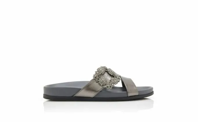 Flats Women Manolo Blahnik CHILANGHIGraphite Nappa Leather Jewel Buckle Flat Mules