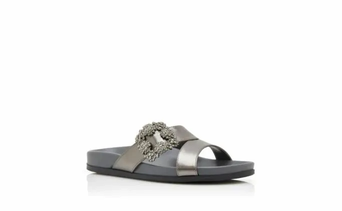 Flats Women Manolo Blahnik CHILANGHIGraphite Nappa Leather Jewel Buckle Flat Mules