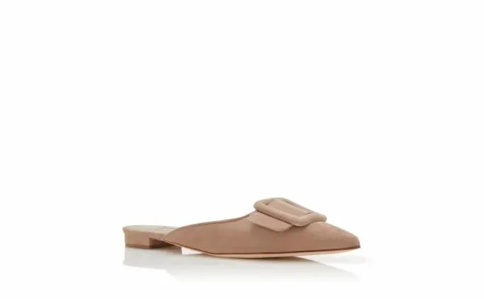 Flats Women Manolo Blahnik MAYSALEFLATBeige Suede Buckle Detail Flat Mules