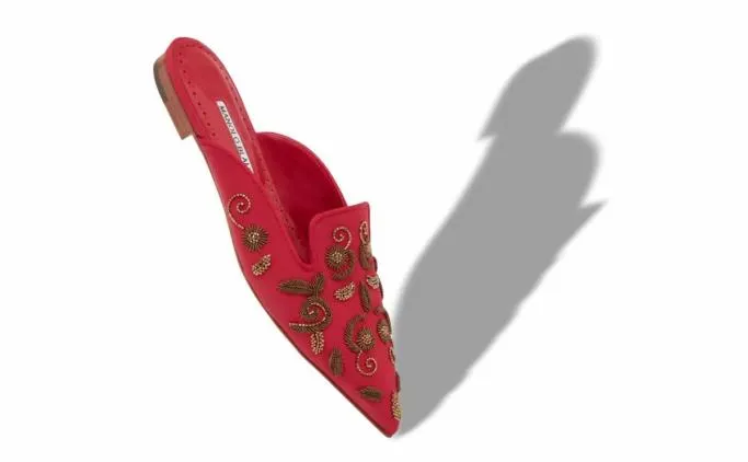 Flats Women Manolo Blahnik WILFARed And Gold Crepe De Chine Flat Mules