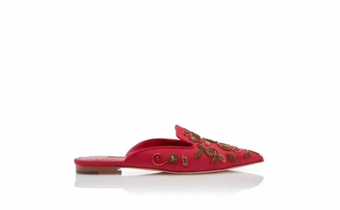 Flats Women Manolo Blahnik WILFARed And Gold Crepe De Chine Flat Mules Flats Women Manolo Blahnik WILFARed And Gold Crepe De Chine Flat Mules