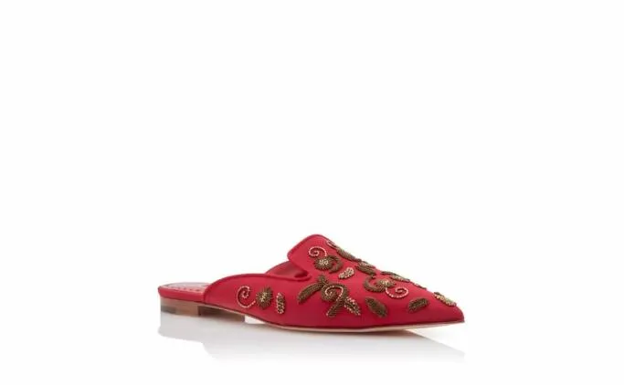 Flats Women Manolo Blahnik WILFARed And Gold Crepe De Chine Flat Mules Flats Women Manolo Blahnik WILFARed And Gold Crepe De Chine Flat Mules