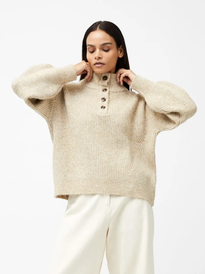 French Connection 14 Button Drop Shoulder Jumper Lgt Camel Mel Woman Jumpers and Cardigans