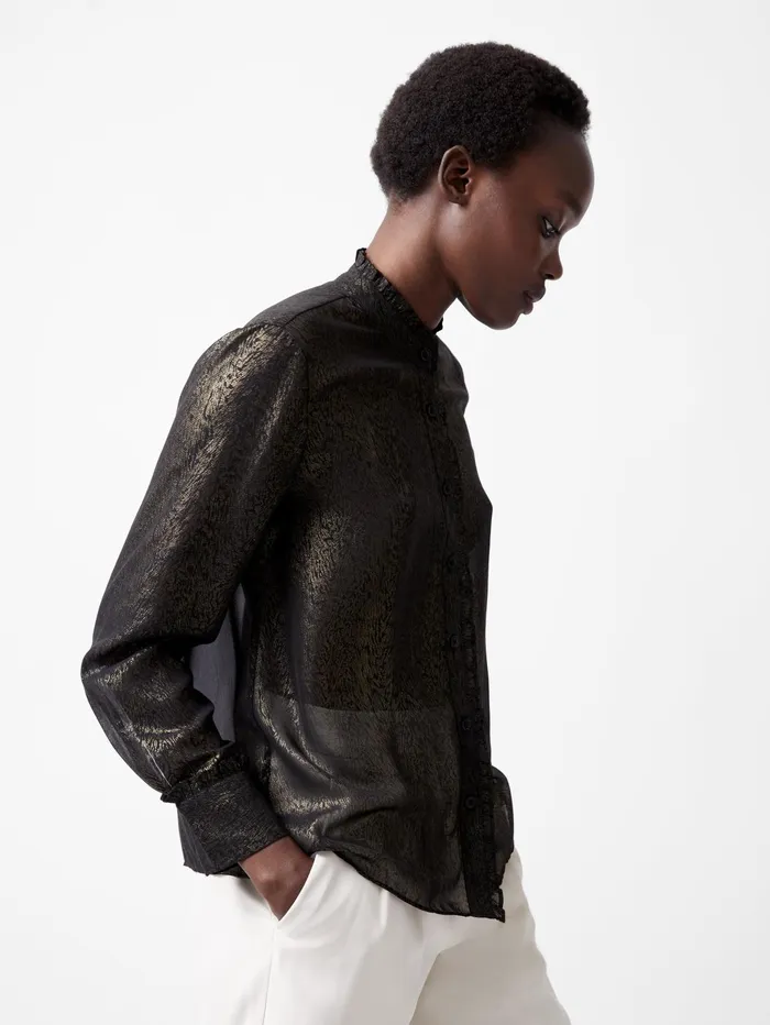 French Connection Alina Foil Georgette Frill Long Sleeve Top BlackBronze Woman Tops French Connection Alina Foil Georgette Frill Long Sleeve Top BlackBronze Woman Tops