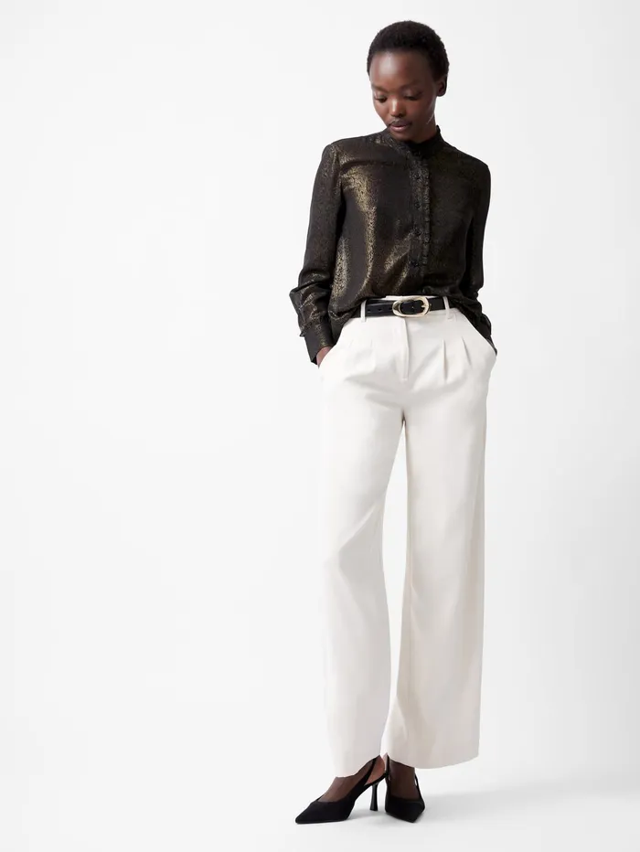French Connection Alina Foil Georgette Frill Long Sleeve Top BlackBronze Woman Tops