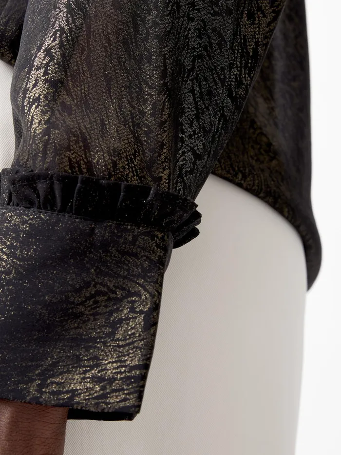 French Connection Alina Foil Georgette Frill Long Sleeve Top BlackBronze Woman Tops