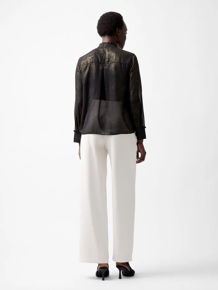 French Connection Alina Foil Georgette Frill Long Sleeve Top BlackBronze Woman Tops