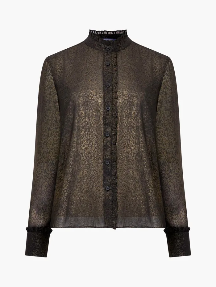 French Connection Alina Foil Georgette Frill Long Sleeve Top BlackBronze Woman Tops