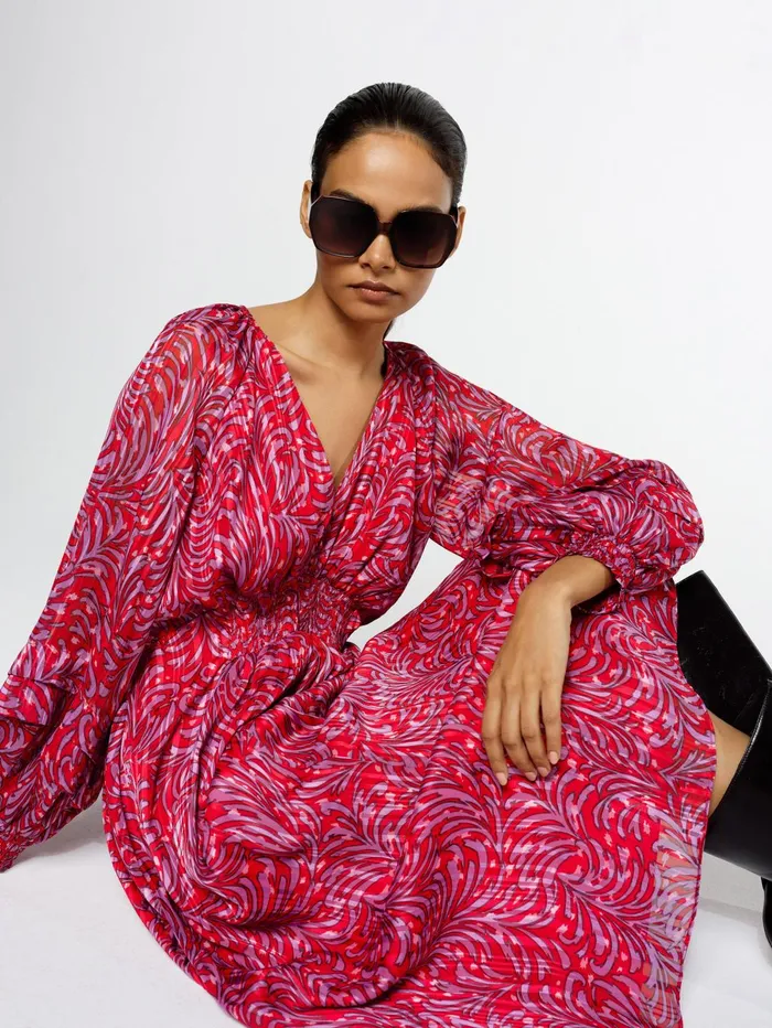 French Connection Amy Callista Printed Long Sleeve Midi Dress Scarlet Red Multi Woman Dresses French Connection Amy Callista Printed Long Sleeve Midi Dress Scarlet Red Multi Woman Dresses