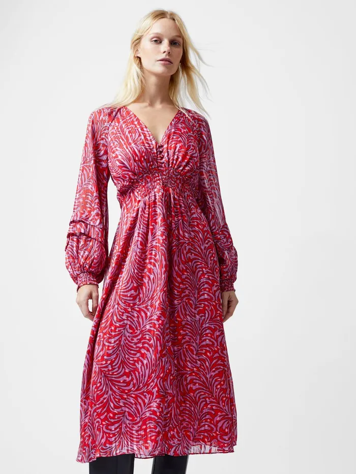 French Connection Amy Callista Printed Long Sleeve Midi Dress Scarlet Red Multi Woman Dresses