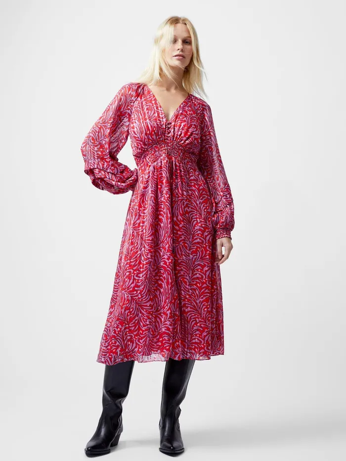 French Connection Amy Callista Printed Long Sleeve Midi Dress Scarlet Red Multi Woman Dresses
