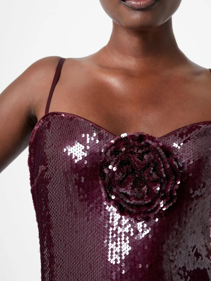 French Connection Beatrice Sequin Strappy Corsage Mini Dress Burgundy Red Woman Dresses