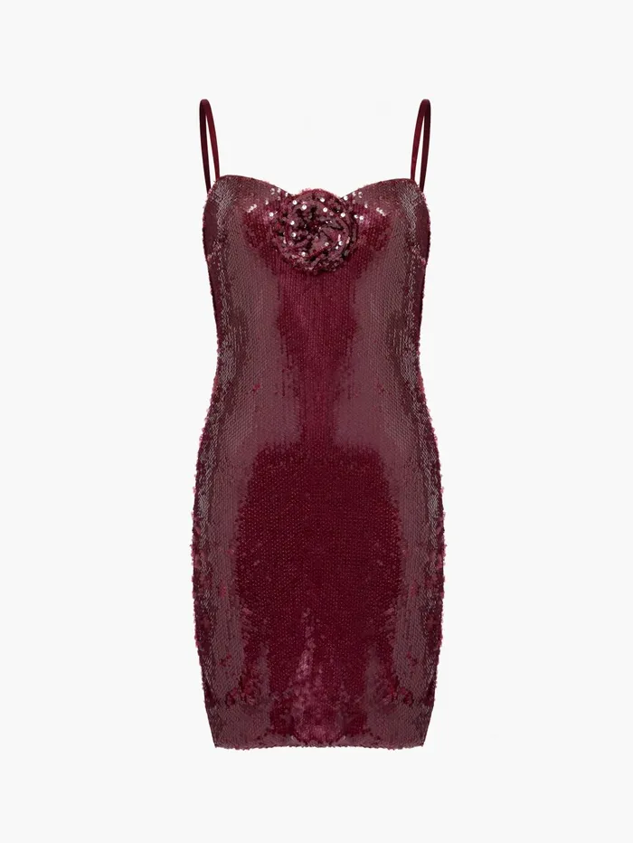 French Connection Beatrice Sequin Strappy Corsage Mini Dress Burgundy Red Woman Dresses