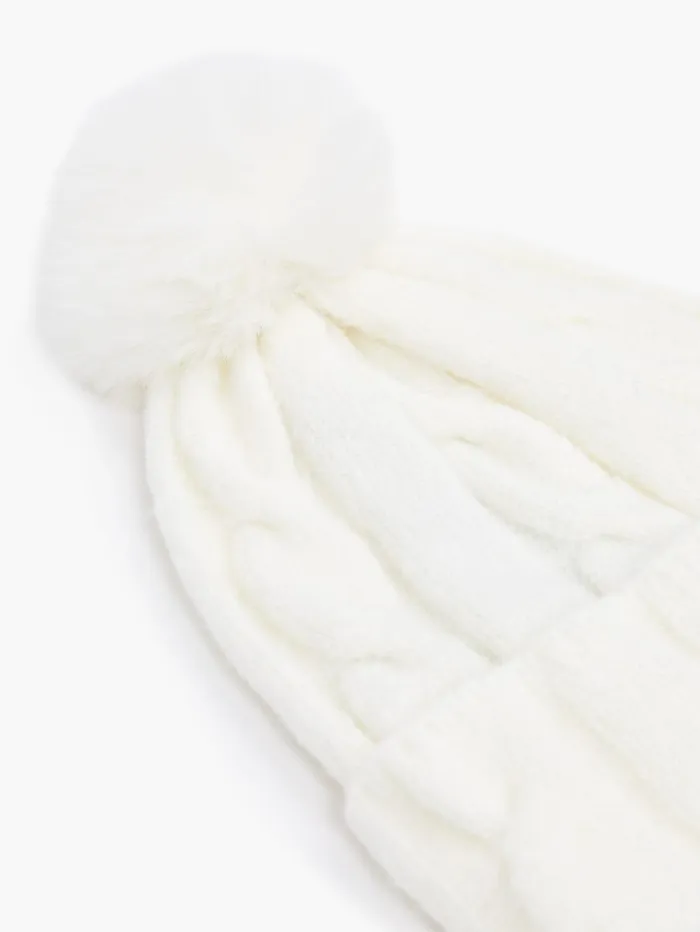 French Connection Cable Knit PomPom Beanie Winter White Woman Hats