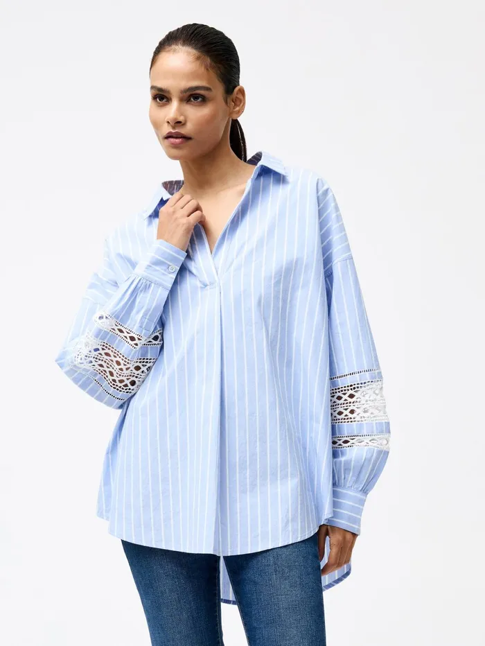 French Connection Cambria Cotton Stripe Embroidered Popover Shirt BlueWhite Woman Tops French Connection Cambria Cotton Stripe Embroidered Popover Shirt BlueWhite Woman Tops