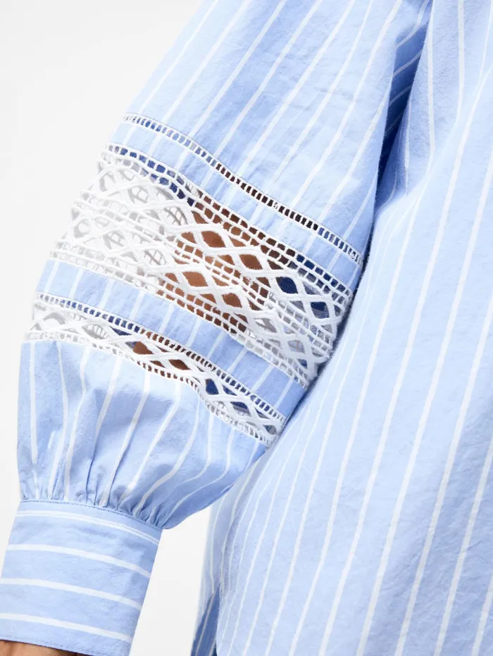 French Connection Cambria Cotton Stripe Embroidered Popover Shirt BlueWhite Woman Tops