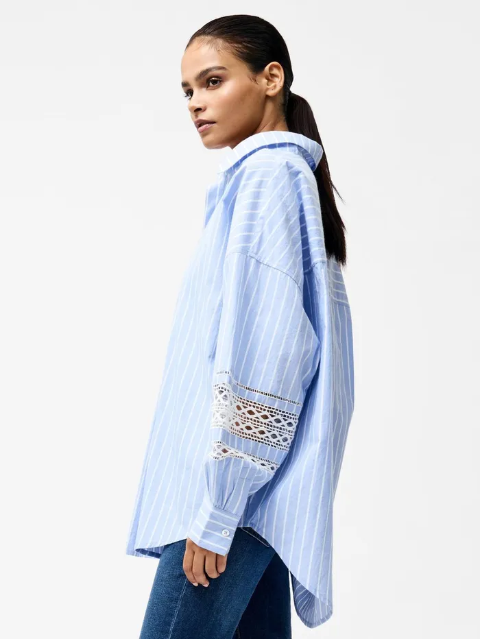 French Connection Cambria Cotton Stripe Embroidered Popover Shirt BlueWhite Woman Tops