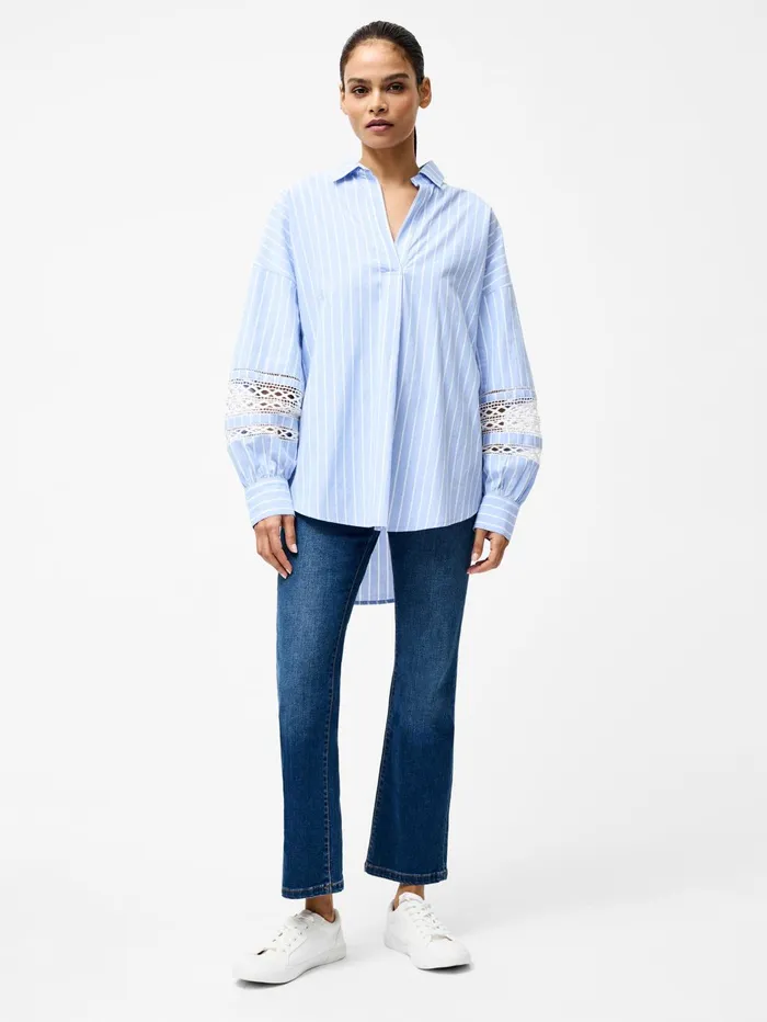French Connection Cambria Cotton Stripe Embroidered Popover Shirt BlueWhite Woman Tops