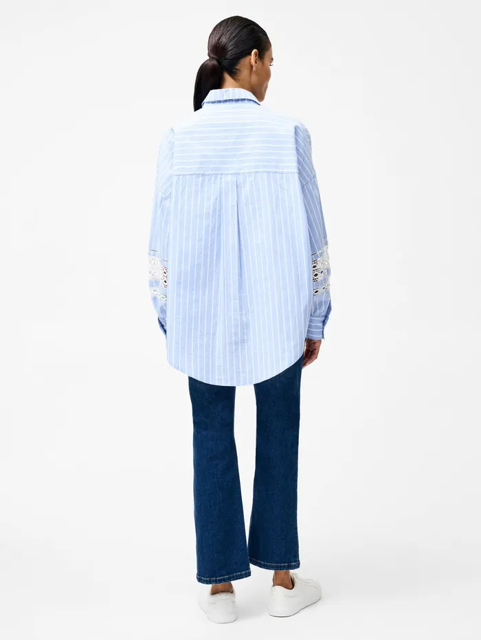 French Connection Cambria Cotton Stripe Embroidered Popover Shirt BlueWhite Woman Tops