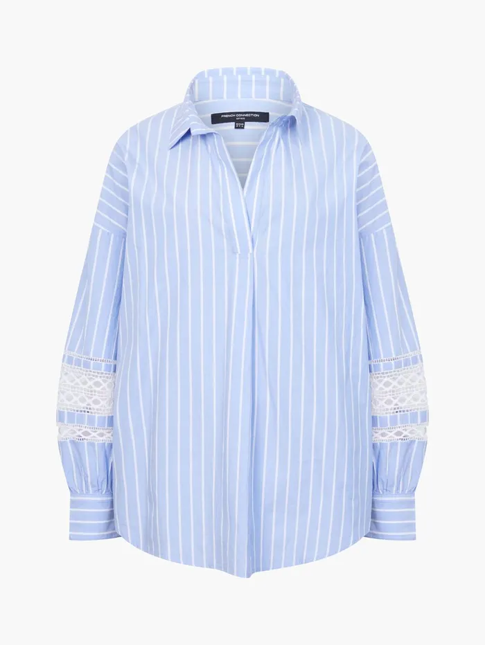 French Connection Cambria Cotton Stripe Embroidered Popover Shirt BlueWhite Woman Tops