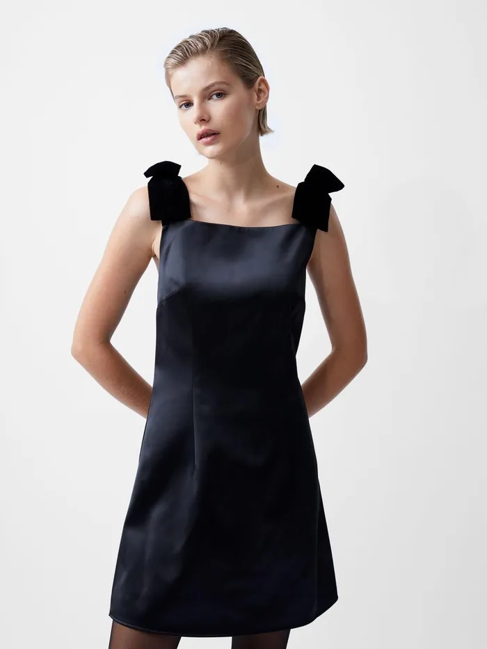 French Connection Carey Velvet Bow Straps Satin Mini Dress Blackout Woman Dresses French Connection Carey Velvet Bow Straps Satin Mini Dress Blackout Woman Dresses