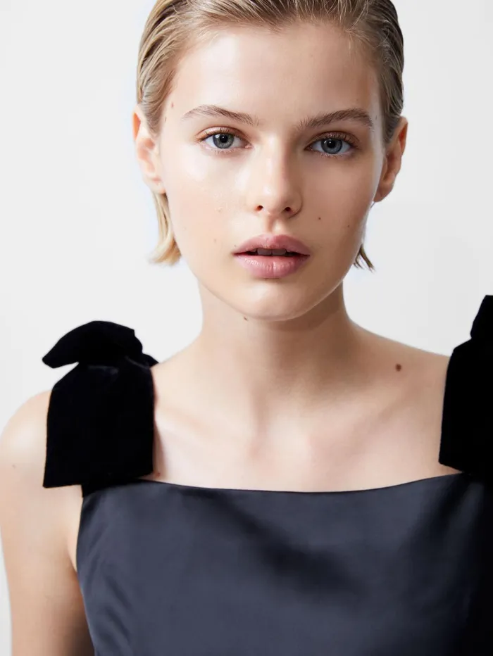 French Connection Carey Velvet Bow Straps Satin Mini Dress Blackout Woman Dresses