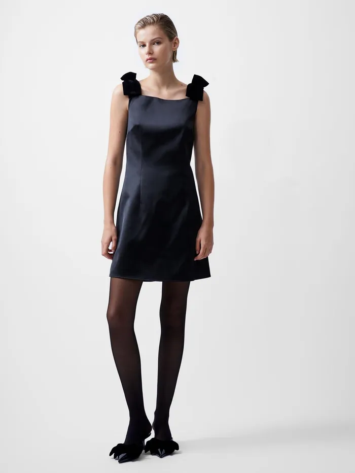 French Connection Carey Velvet Bow Straps Satin Mini Dress Blackout Woman Dresses