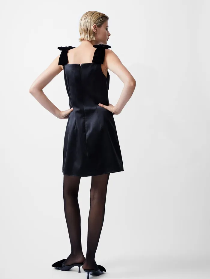 French Connection Carey Velvet Bow Straps Satin Mini Dress Blackout Woman Dresses