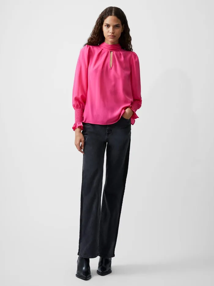 French Connection Crepe Light High Neck Long Sleeve Top Luminous Pink Woman Tops
