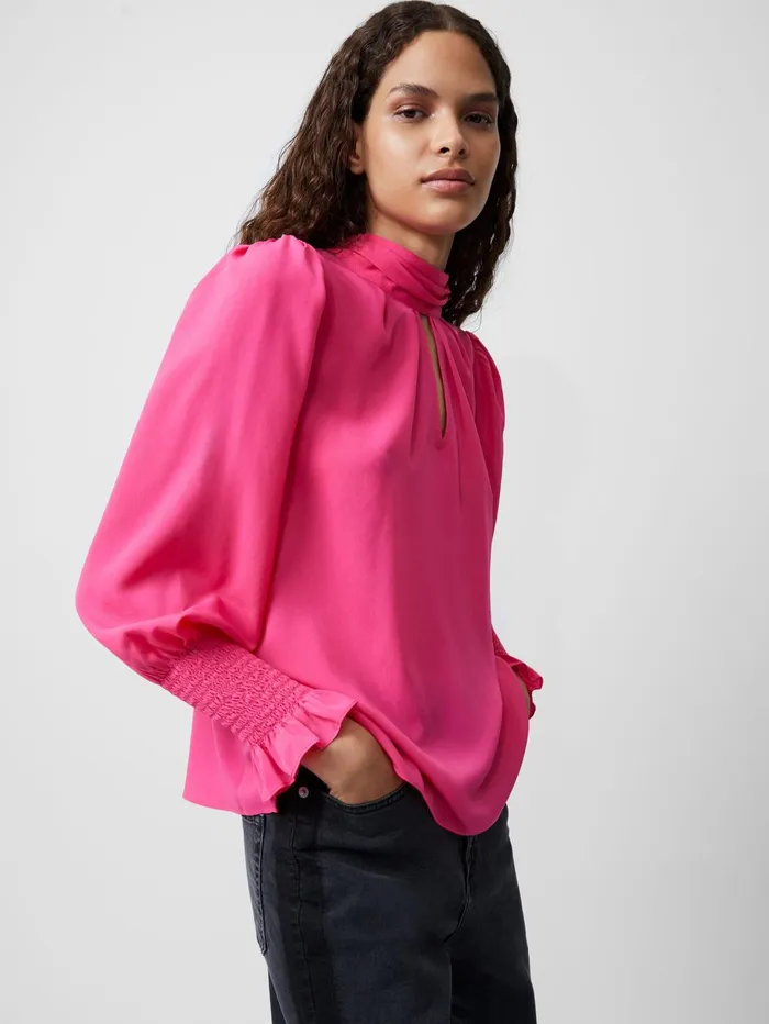 French Connection Crepe Light High Neck Long Sleeve Top Luminous Pink Woman Tops